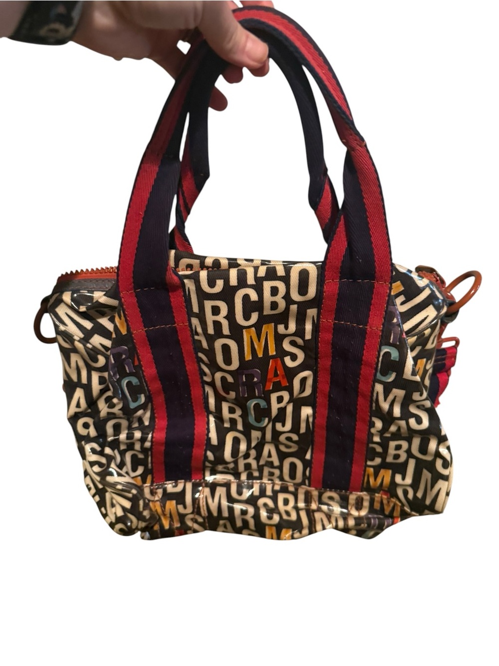 Marc Jacob’s Multicolor Letter-Print Tote Bag with Red & Navy Straps